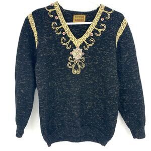 NouVeau Vintage 80's Women's Embroidered Bedazzled Black Gold Sweater Size S